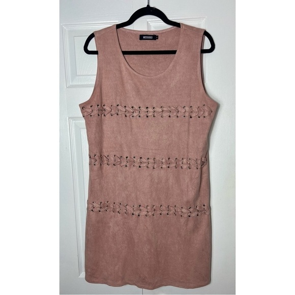 Missguided Mauve Pink Faux Suede Braided Lace Up Mini Shift Dress Size 12 Large - Picture 7 of 9